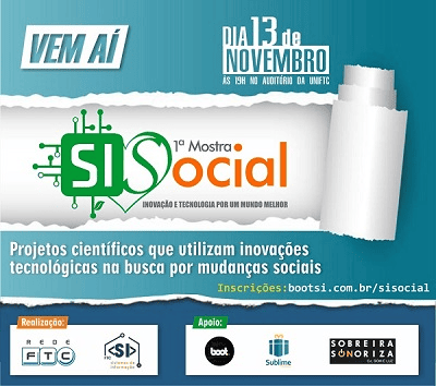 Banner do 1º SiSocial na UniFTC Conquista, destacando inovações tecnológicas para impacto social.